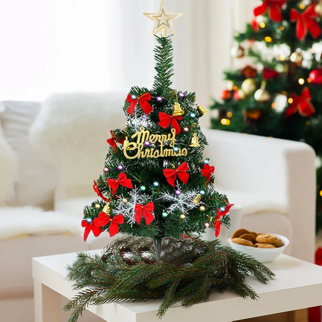 Árvore de Natal 60cm Decorada + 36 Enfeites – Verde ou Nevada
