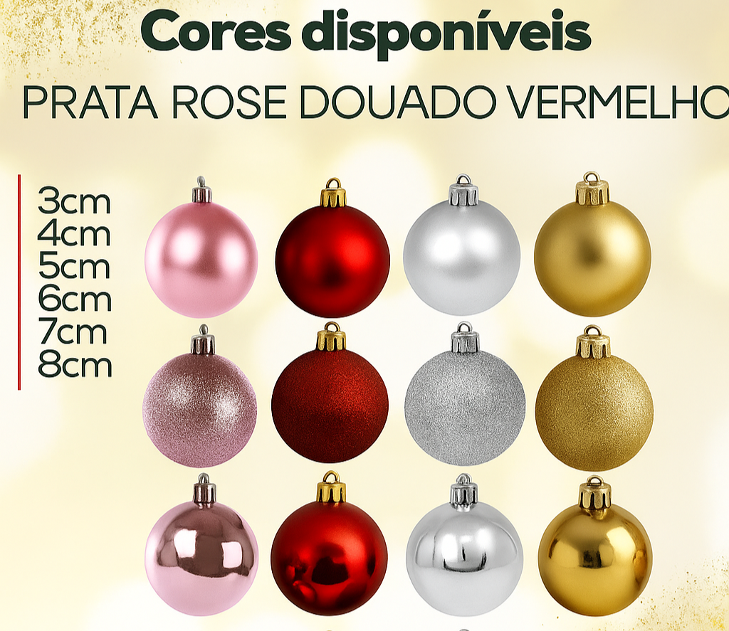 Kit Bolas Natalinas Decorativas Mistas – Lisa, Fosca e Glitter para Árvore de Nata