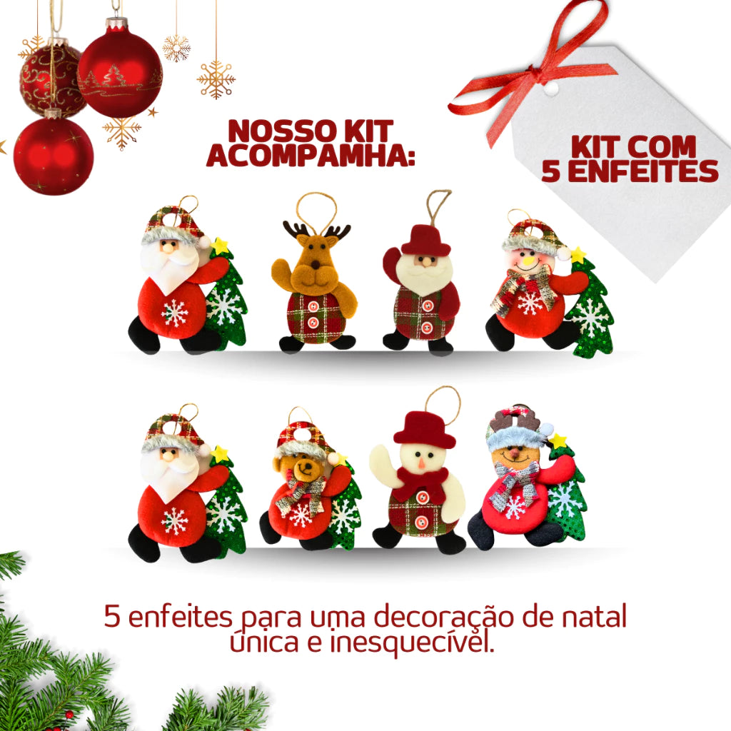 Kit Enfeites de Natal Luxo – Bonecos de Pelúcia Papai Noel e Personagens Natalinos para Árvore