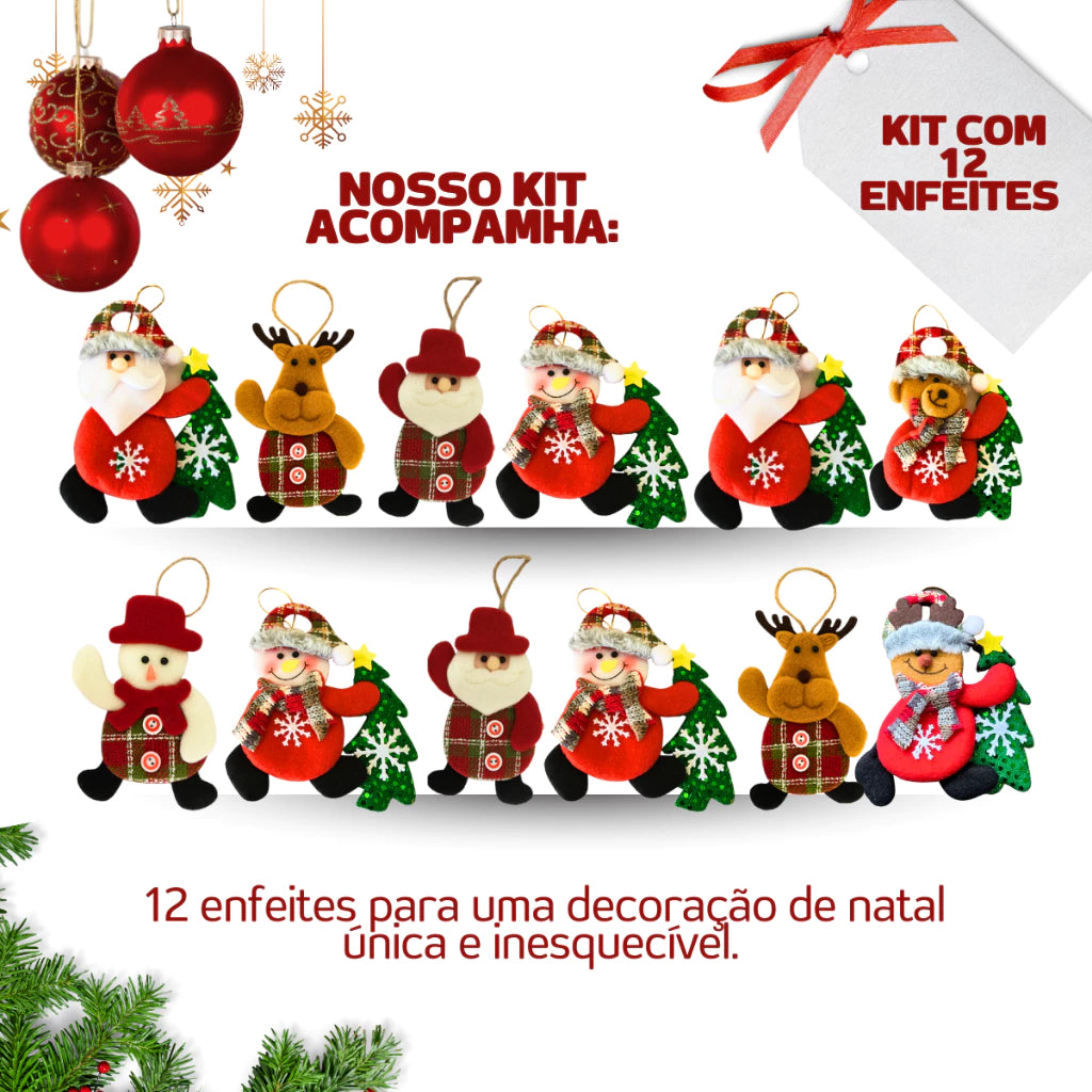Kit Enfeites de Natal Luxo – Bonecos de Pelúcia Papai Noel e Personagens Natalinos para Árvore