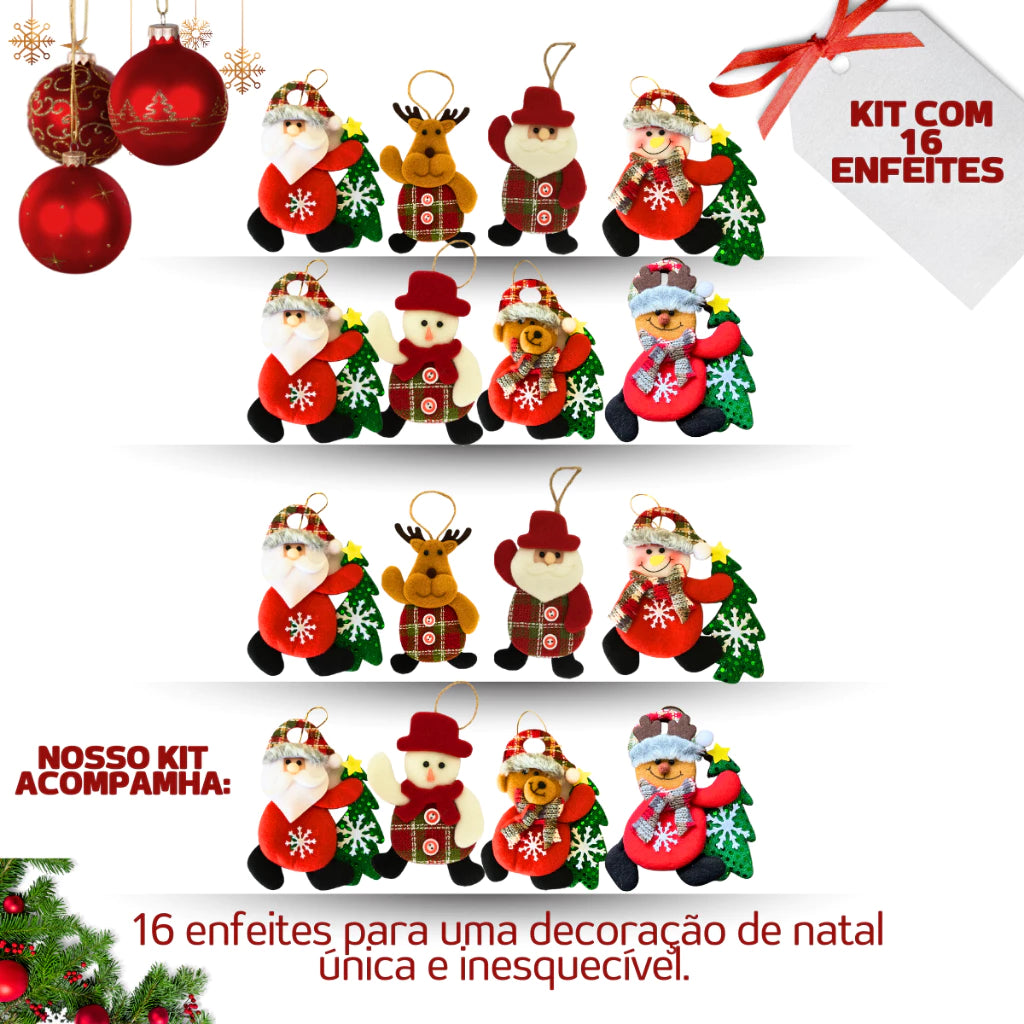 Kit Enfeites de Natal Luxo – Bonecos de Pelúcia Papai Noel e Personagens Natalinos para Árvore
