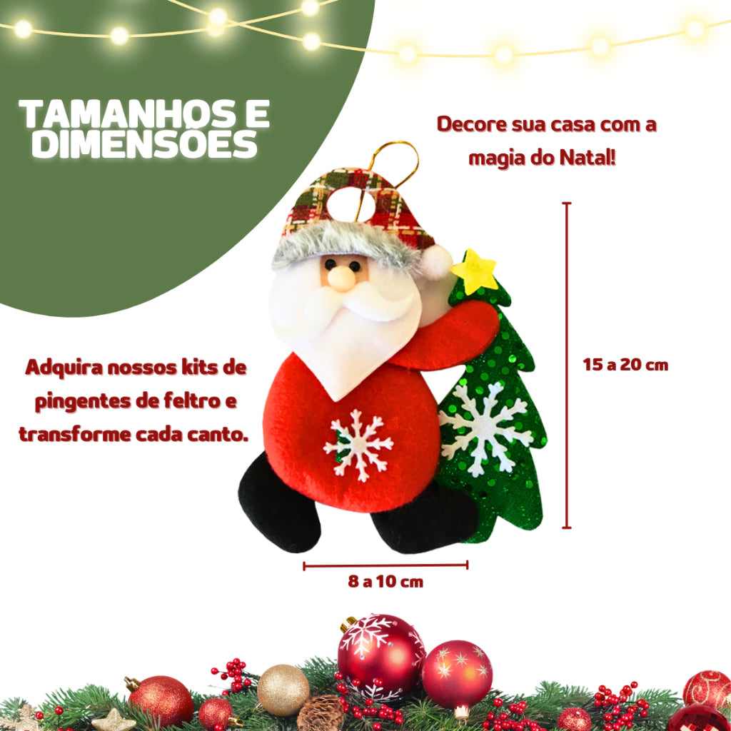 Kit Enfeites de Natal Luxo – Bonecos de Pelúcia Papai Noel e Personagens Natalinos para Árvore