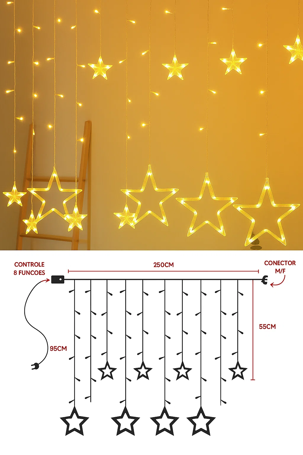 Cascata Estrela Natalina 138 LEDs - 2,5m com 8 Funções