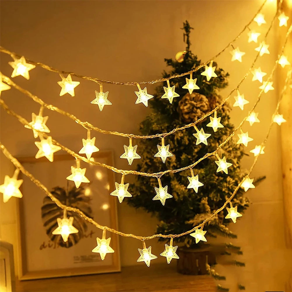 Luminária Cordão LED 20 Estrelas 4 Metros – Luz Quente para Decoração Natalina