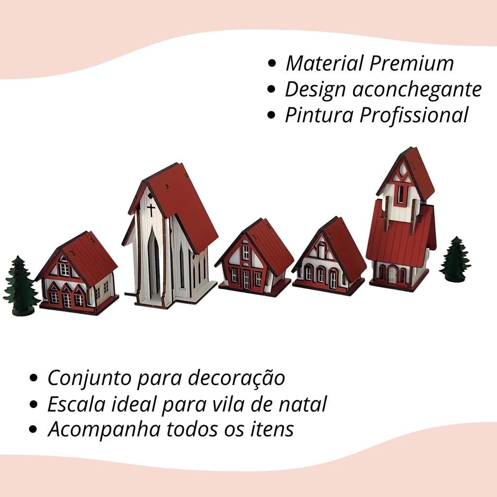 Vila Natalina em MDF – Kit 5 Peças de Decoração de Natal Artesanal