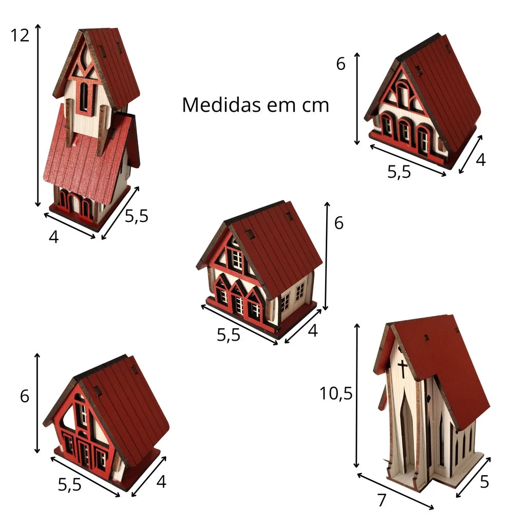 Vila Natalina em MDF – Kit 5 Peças de Decoração de Natal Artesanal