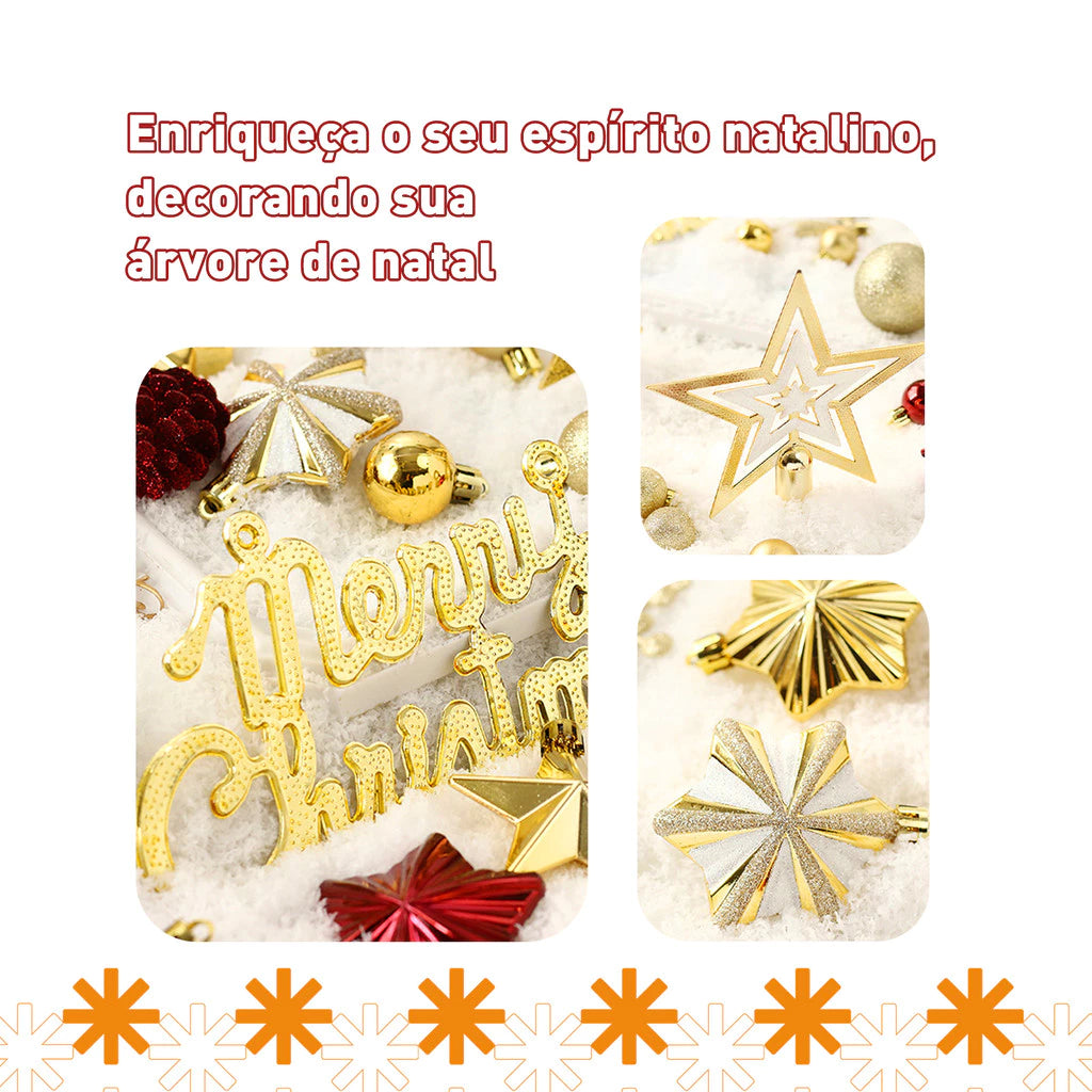 Kit 70 Enfeites de Natal para Árvore – Bolas, Estrelas e Flocos de Neve