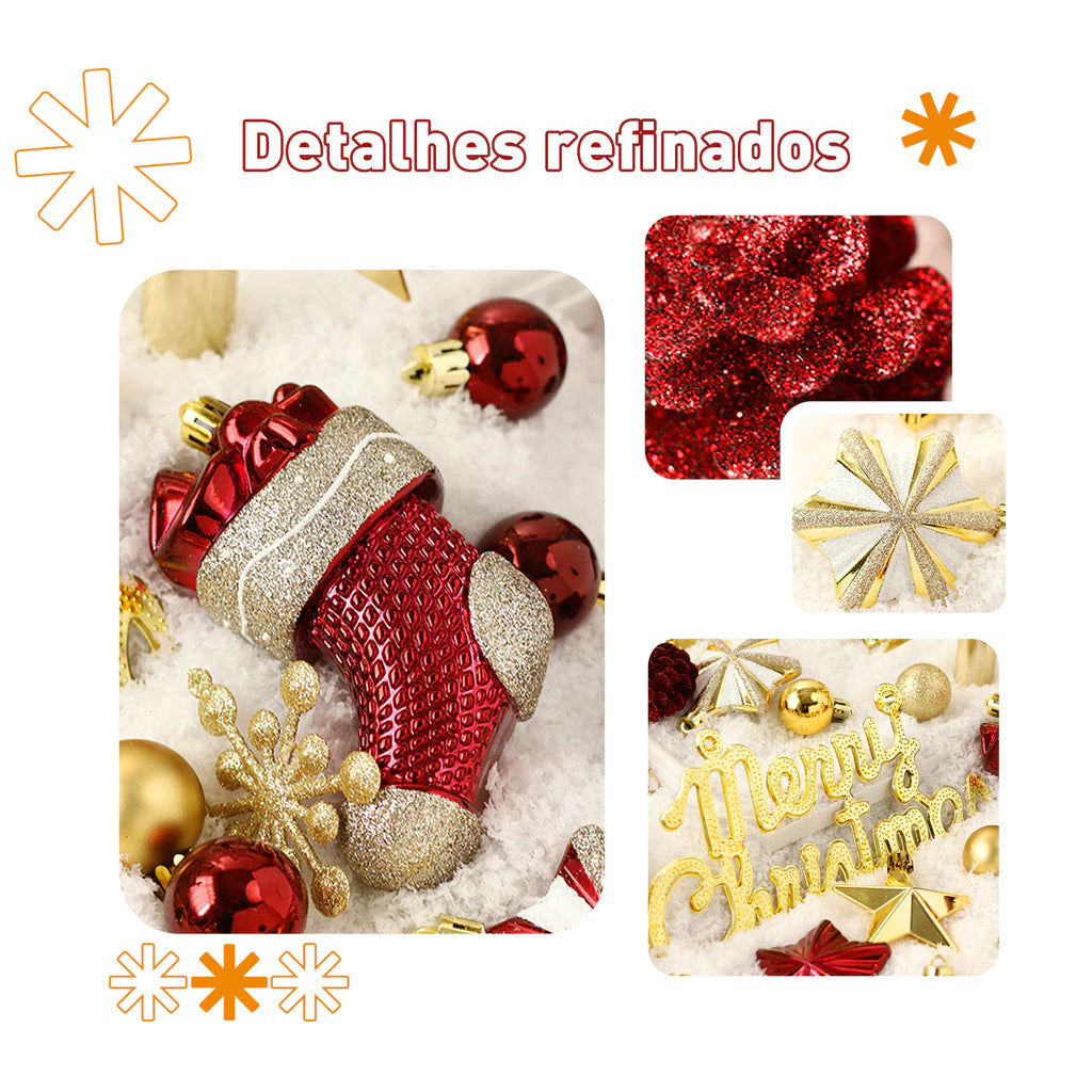 Kit 70 Enfeites de Natal para Árvore – Bolas, Estrelas e Flocos de Neve