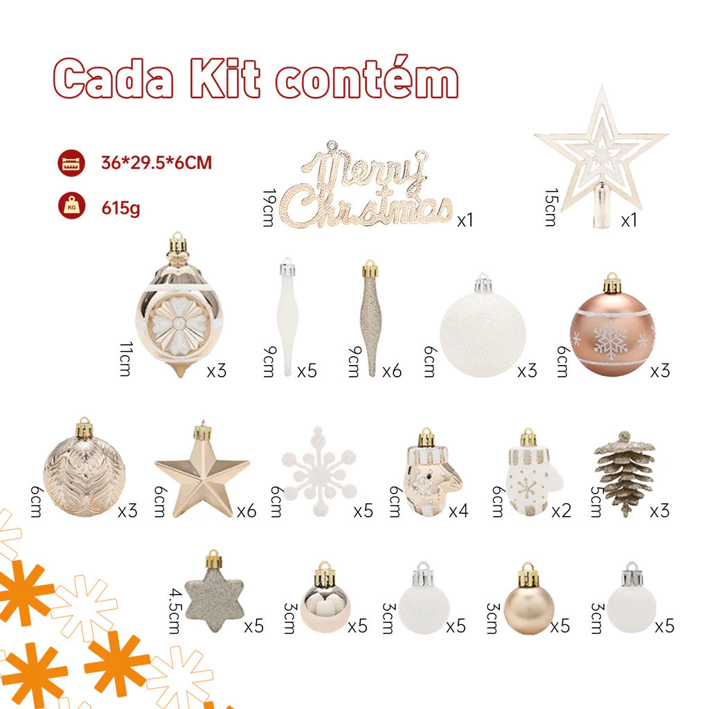 Kit 70 Enfeites de Natal para Árvore – Bolas, Estrelas e Flocos de Neve