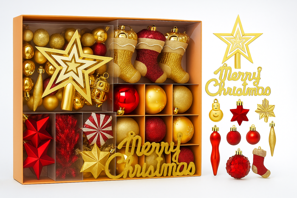 Kit 70 Enfeites de Natal para Árvore – Bolas, Estrelas e Flocos de Neve