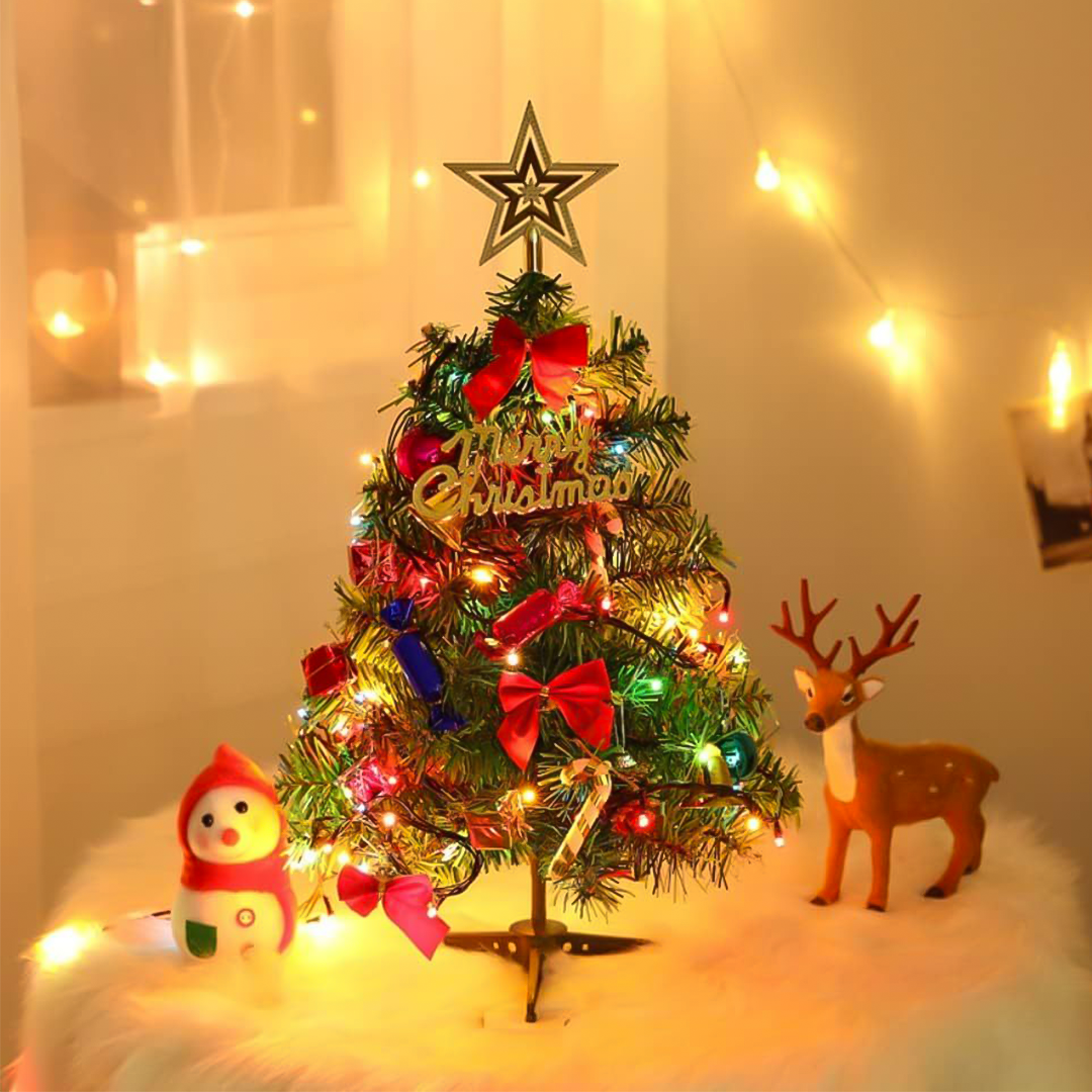 Árvore de Natal 60cm Decorada + 36 Enfeites – Verde ou Nevada