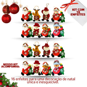 Kit Enfeites de Natal Luxo – Bonecos de Pelúcia Papai Noel e Personagens Natalinos para Árvore