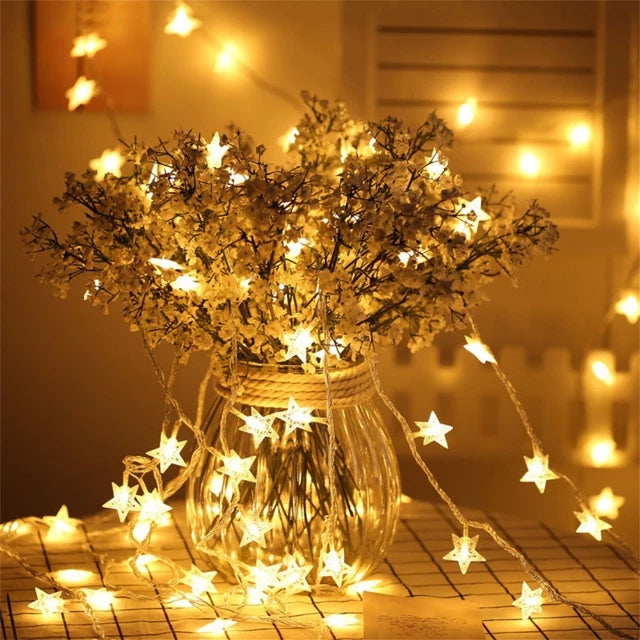 Luminária Cordão LED 20 Estrelas 4 Metros – Luz Quente para Decoração Natalina