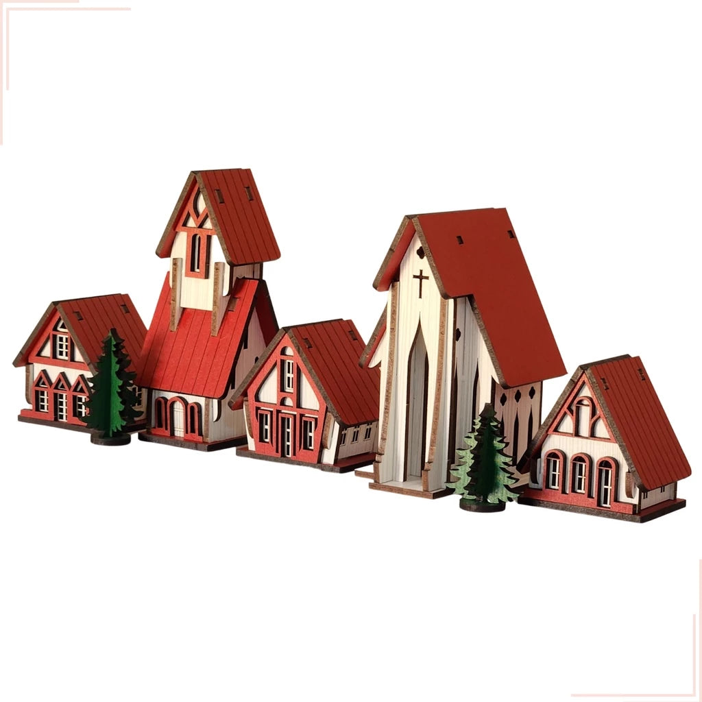 Vila Natalina em MDF – Kit 5 Peças de Decoração de Natal Artesanal