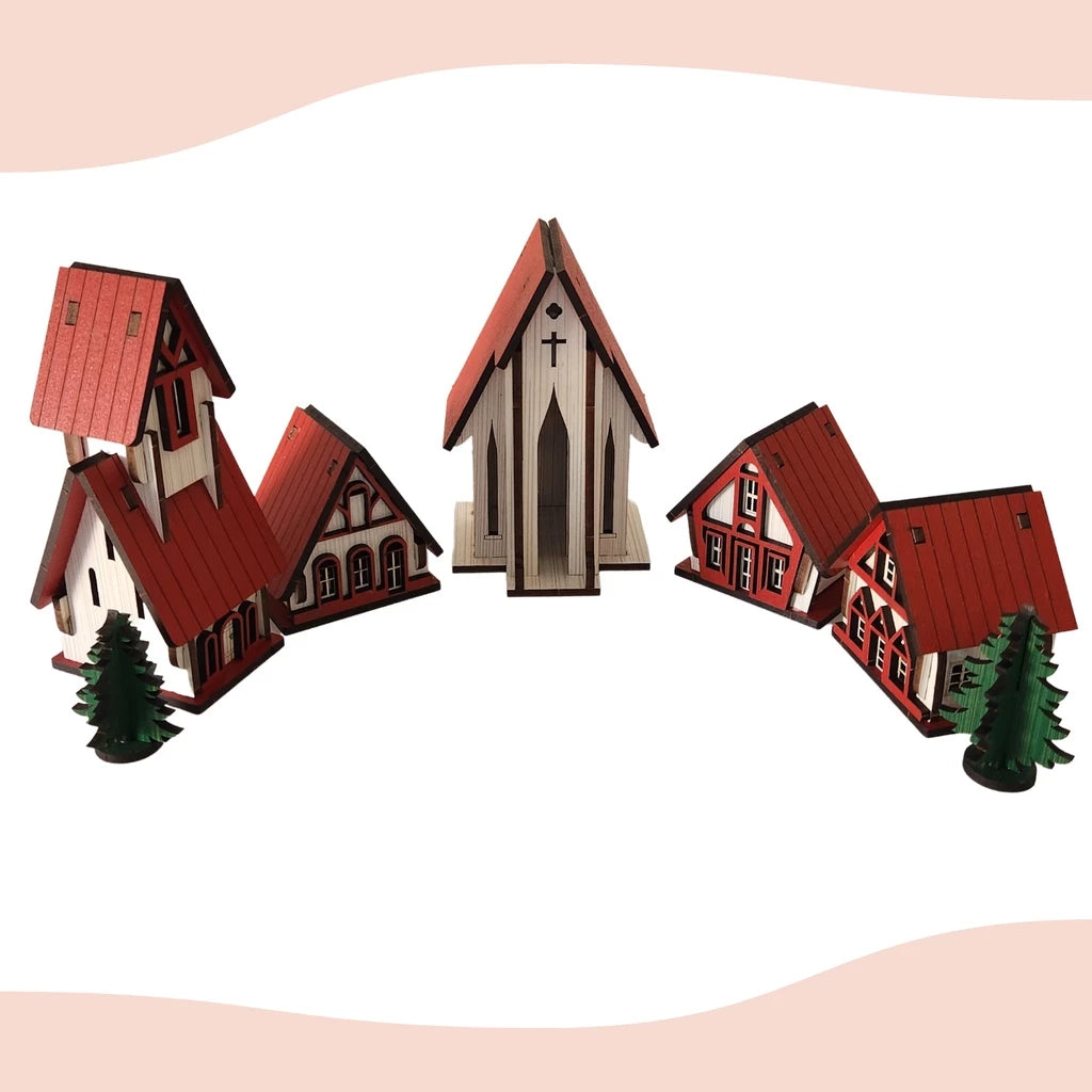 Vila Natalina em MDF – Kit 5 Peças de Decoração de Natal Artesanal