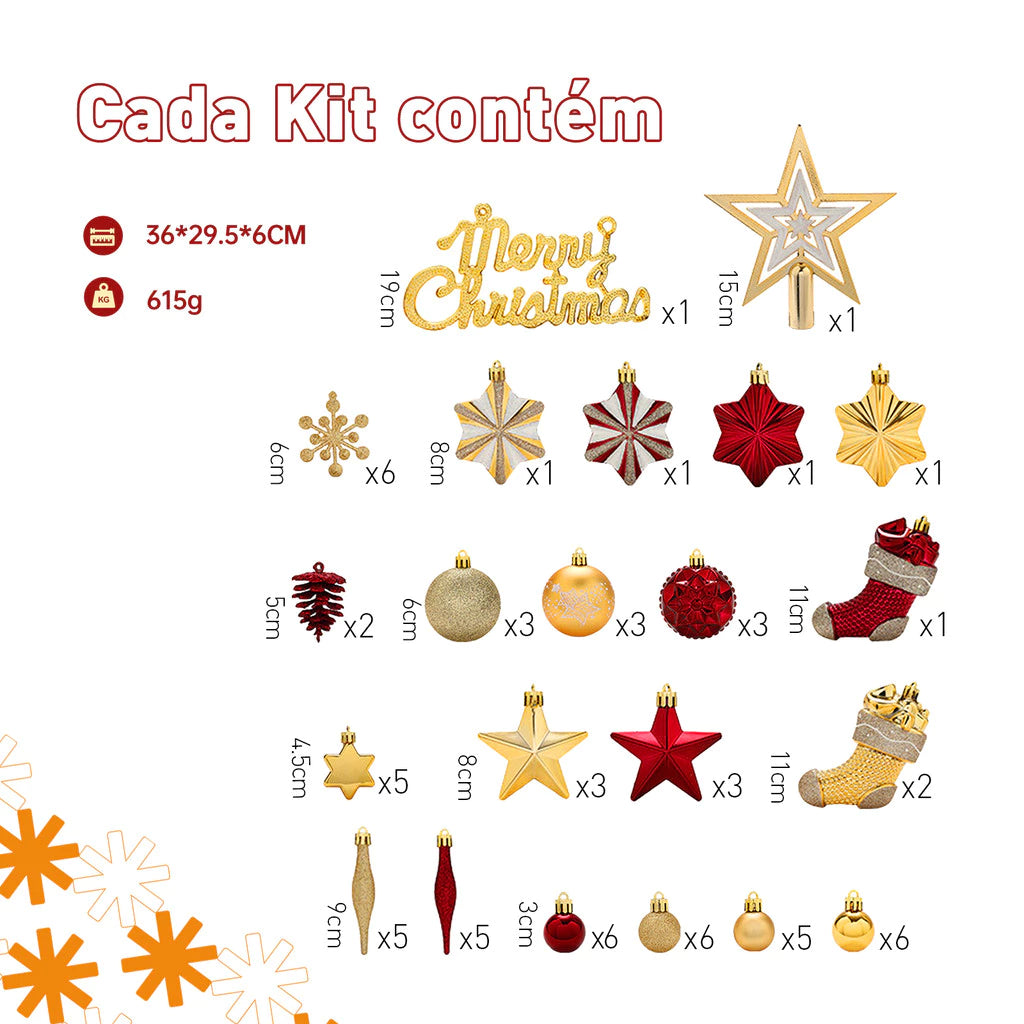 Kit 70 Enfeites de Natal para Árvore – Bolas, Estrelas e Flocos de Neve